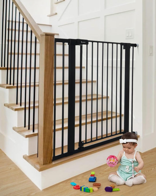 COMOMY 36" Extra Tall Baby Gate for Stairs Doorways, Fits Openings 29.5" to 40.6" Wide, Auto Close Sturdy Safety Dog Gate for House, Pressure Mounted Easy Walk through Pet Gate with Door, Black