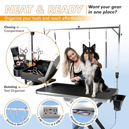 KANIS Professional Electric Dog Grooming Table - Heavy Duty, Height Adjustable Pet Grooming Table w/Leveling Wheels, Grooming Arm, Anti Slip Tabletop & Tool Organizer/Dog Grooming Station (49", BLACK)