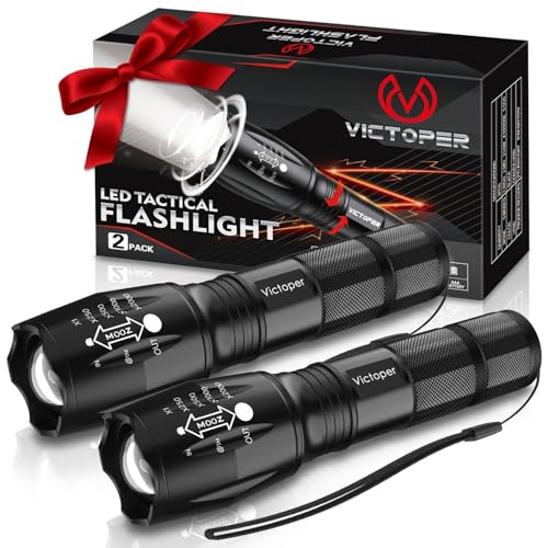 Victoper LED Flashlight 2 Pack, Bright Tactical Torch High Lumens 5 Modes, Waterproof Zoomable Flash Light for Outdoor, Birthday Gifts for Men, Dorm Room Hiking Camping Essentials Gear for Guys