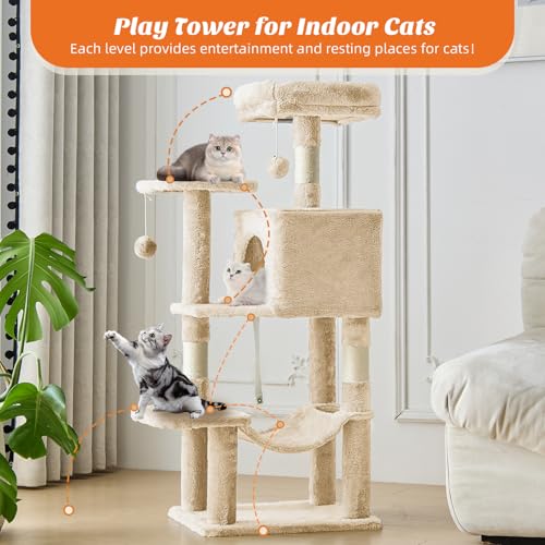 Sweetcrispy 44 Inch Cat Tree Tower, Cat Climbing Tower with Natural Sisal Scratching Posts, Hammock, Pet Condo for Indoor Cats and Kittens Play, Beige