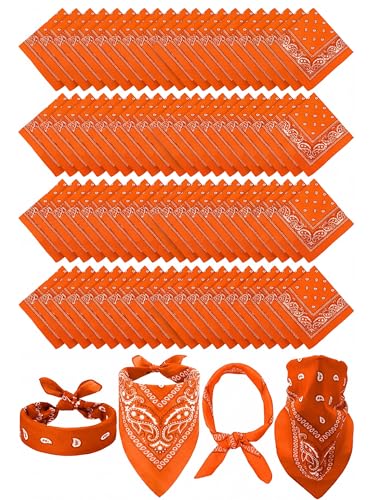 Unittype 48 Pieces Paisley Bandana Novelty Unisex Headband Square Scarf Cowboy Bandanas for Halloween Parade Party Costume(Orange,Simple)