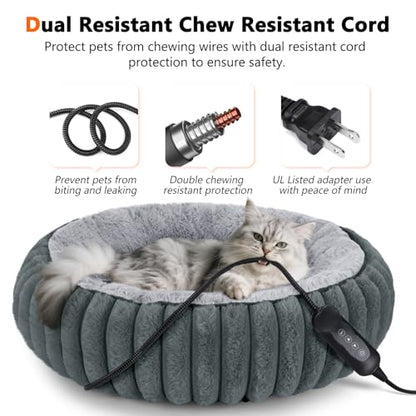 INVENHO Heated Cat Beds for Indoor Cats and Small Dogs, 20" Cozy Donut Heated Pet Bed with Timer & Temp Adjustable, Removable Waterproof Electric Warming Bed for Indoor Cat