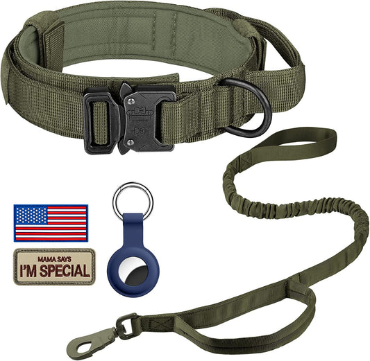 DAGANXI Tactical Dog Collar, Adjustable Military Training Nylon Dog Collar with Control Handle and Heavy Metal Buckle for Medium and Large Dogs, with Patches and Airtags Case (L, Green-Set)