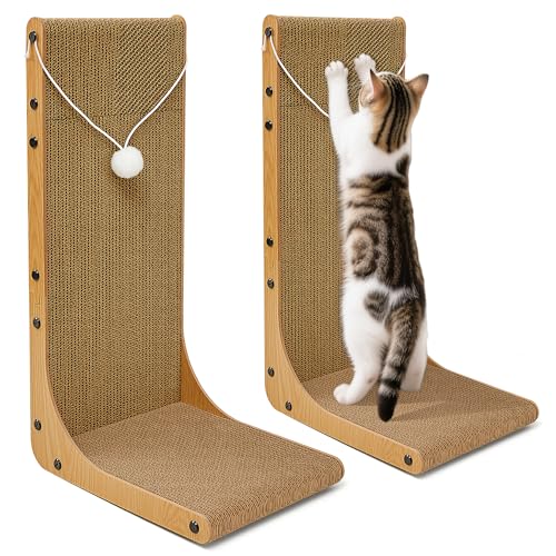 Markarbarka Value 2-Pack 23.6 Inch L-Shaped Cardboard Cat Scratcher, Dual Use (Vert/Horiz) Scratch Pad with Toy Balls, Wall-Mountable Furniture Protector Cat Scratchers for Indoor Cats