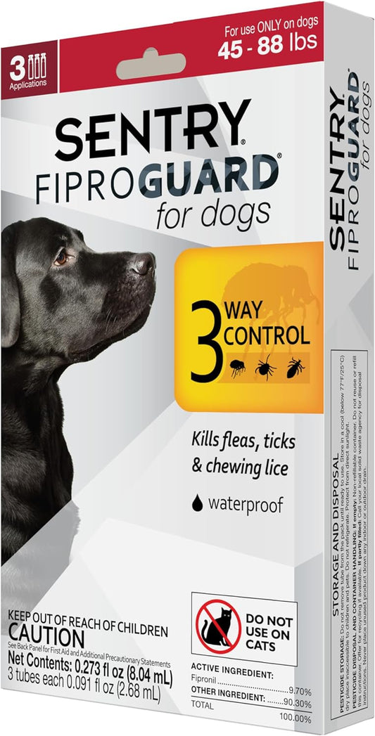 SENTRY PET CARE Fiproguard for Dogs, Flea and Tick Prevention for Dogs (45-88 Pounds), Includes 3 Month Supply of Topical Flea Treatments