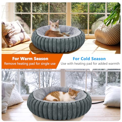 INVENHO Heated Cat Beds for Indoor Cats and Small Dogs, 20" Cozy Donut Heated Pet Bed with Timer & Temp Adjustable, Removable Waterproof Electric Warming Bed for Indoor Cat