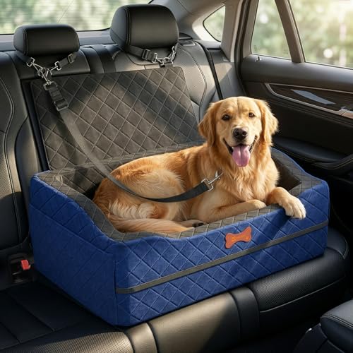 Dog Car Seat for Medium Large Dogs, 4" Elevated Dog Booster Seat with ISOFIX Safety Fixation, Washable Cover & High Density Memory Foam, Portable for Car Front/Rear/Trunk Home Outdoor Use (Navy Blue)