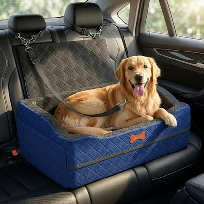 Dog Car Seat for Medium Large Dogs, 4" Elevated Dog Booster Seat with ISOFIX Safety Fixation, Washable Cover & High Density Memory Foam, Portable for Car Front/Rear/Trunk Home Outdoor Use (Navy Blue)