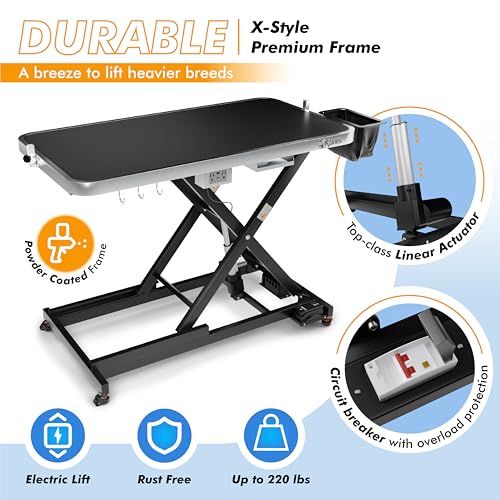 KANIS Professional Electric Dog Grooming Table - Heavy Duty, Height Adjustable Pet Grooming Table w/Leveling Wheels, Grooming Arm, Anti Slip Tabletop & Tool Organizer/Dog Grooming Station (49", BLACK)