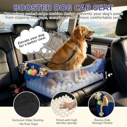 Dog Car Seat for Medium Large Dogs, 4" Elevated Dog Booster Seat with ISOFIX Safety Fixation, Washable Cover & High Density Memory Foam, Portable for Car Front/Rear/Trunk Home Outdoor Use (Navy Blue)