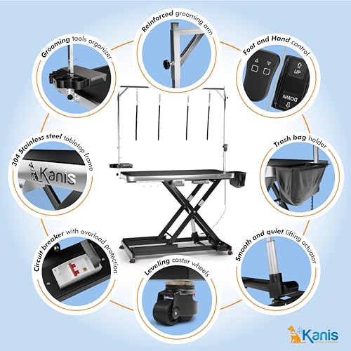 KANIS Professional Electric Dog Grooming Table - Heavy Duty, Height Adjustable Pet Grooming Table w/Leveling Wheels, Grooming Arm, Anti Slip Tabletop & Tool Organizer/Dog Grooming Station (49", BLACK)