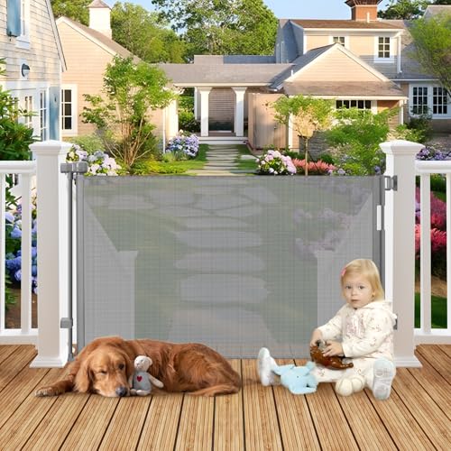 Weatherproof Outdoor Retractable Dog Gate for Deck, 55" Wide Mesh Baby Gate