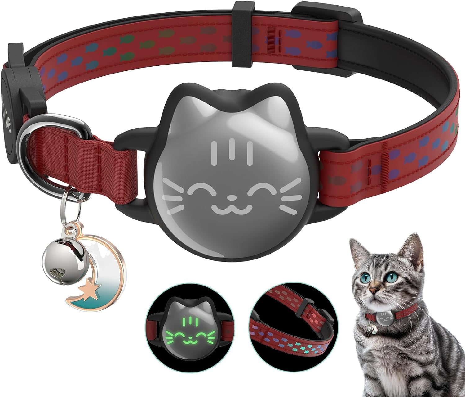 Waterproof Airtag Cat Collar, Breakaway Cat Airtag Collar with Luminous & Reflective Pattern Strap, Lightweight Kitten Collar for Apple Air Tag, Hidden Holder for GPS Tracker - Cats, Kittens (9-13")