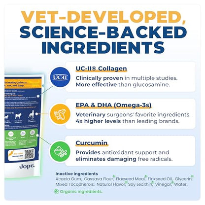 Jope Hip & Joint Supplement for Dogs Large, Medium, Small - Joint Chews w/UC-II® Collagen - Proven Better Than Glucosamine Chondroitin in Canine Health - Veterinarian Formulated, Omega 3 & Curcumin