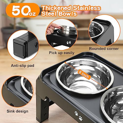 COMESOON Elevated Dog Bowls, 4 Height Adjustable Raised Bowl Stand with 2 Thick 50oz Stainless Steel Food Bowls Non-Slip Feeder Adjusts to 3.7'', 9.2'', 10.75'', 12.36'' Black, (DB-W01)