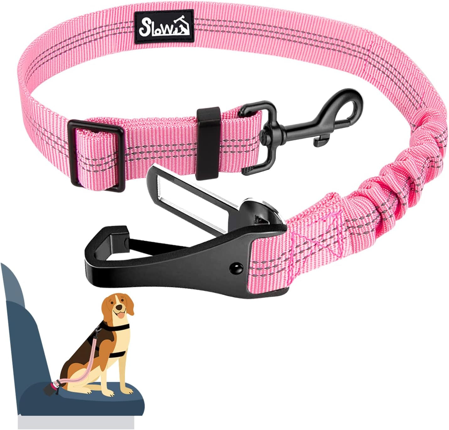 Slowton Dog Seat Belt, Adjustable Dog Safety Belt Leash, 2 in 1 Latch Bar Attachment Dog Car Seatbelt with Elastic Nylon Bungee Buffer, Reflective Nylon Belt Tether Connect to Dog Harness(Pink,35.5In)