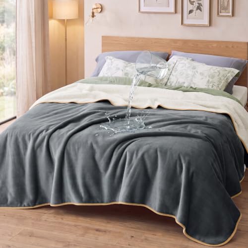 Bedsure Waterproof Blanket for Bed Soft Sherpa Fleece Throw,Queen 90x86 | Plush Cozy Calming Reversible Dog Blankets for Large Senior Dogs,Warm Bed Couch Cover,Pet Furniture Protector,Grey