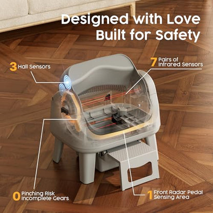 PetPivot Open Top Self Cleaning Cat Litter Box, Automatic Litter Box with 7 Pairs of Safety Sensors, Anti-Pinch Protection and Easy Access Step for Senior Cats, Dark Grey