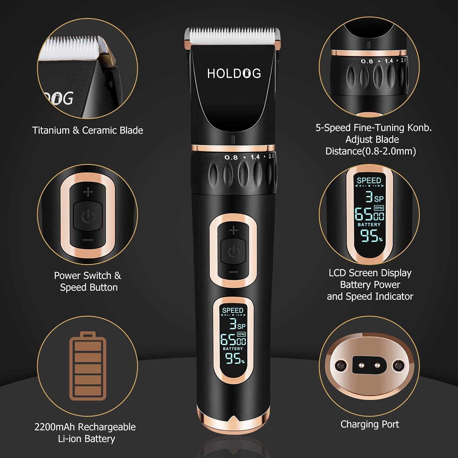 Dog Clippers Professional Heavy Duty Dog Grooming Clipper 3-Speed Low Noise High Power Rechargeable Cordless Pet Grooming Tools for Small & Large Dogs Cats Pets with Thick & Heavy Coats