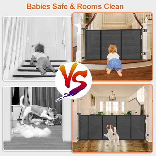 Upgrade 120 inch Retractable Baby Gates, EZIGO Extra Wide Baby Gate for Large Opening Extra Long Mesh Gate for Kids or Pet Dog Gate Child Safety Gate for Stairs Hallways Doorway Indoor Outdoor, Black