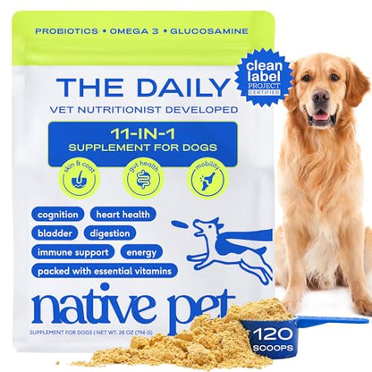 Native Pet The Daily Dog Vitamins & Supplements - 11-in-1 Multivitamin Powder for Dogs - Supports Whole Body Health, Digestion, Mobility & Immunity with Collagen, Glucosamine & Probiotics –120 Scoops