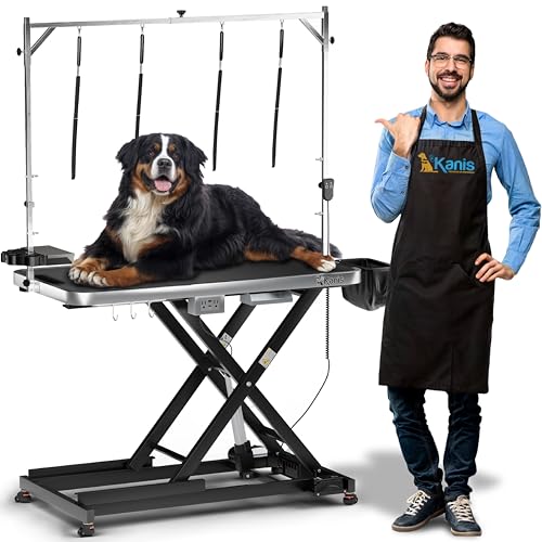 KANIS Professional Electric Dog Grooming Table - Heavy Duty, Height Adjustable Pet Grooming Table w/Leveling Wheels, Grooming Arm, Anti Slip Tabletop & Tool Organizer/Dog Grooming Station (49", BLACK)