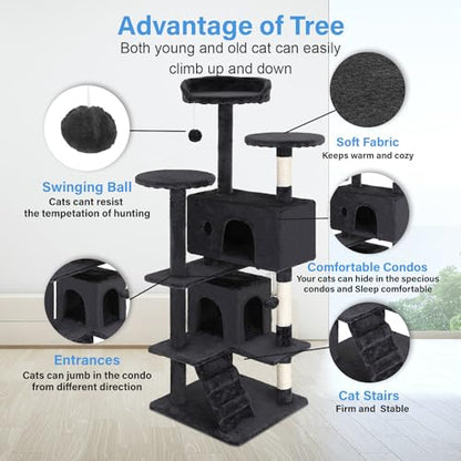 FDW | 54" Cat Tree Tower | Dark Gray | Multi-Level Indoor Activity Center with Sisal Scratching Posts, Condos, Plush Perches, Hanging Cat Toys | Sturdy, Easy to Assemble | for Kittens & Adult Cats