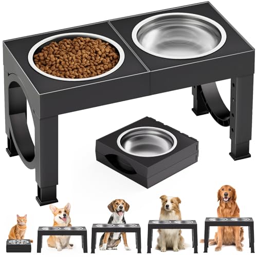XIAZ Elevated Dog Bowls Large Breed Raised Dogs Bowl Stand Large/Medium Sized Dog Stainless Steel Food Water Bowl Stands 5 Heights Adjustable 9/11/12/14in Black Pet Feeder Dish Station
