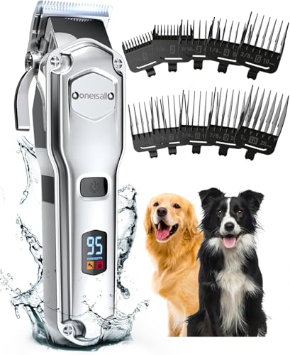 oneisall Dog Clippers for Grooming for Thick Heavy Coats/Low Noise Rechargeable Cordless Pet Shaver with Detachable Stainless Steel Blade/Waterproof Dog Shaver for Dogs Pets and Animals (Silver)