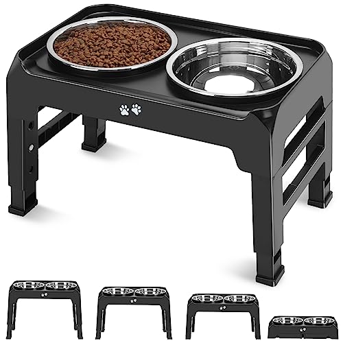 COMESOON Elevated Dog Bowls, 4 Height Adjustable Raised Bowl Stand with 2 Thick 50oz Stainless Steel Food Bowls Non-Slip Feeder Adjusts to 3.7'', 9.2'', 10.75'', 12.36'' Black, (DB-W01)