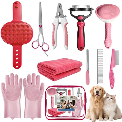 11 Piece Dog Grooming Kit - Hair, Nail, Massage Bath Supplies For Pets Cats