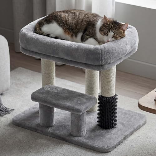 Heybly Cat Scratching Post, Small Cat Tree Tower with 3 Full Sisal Posts, Removable Plush Bed, Grooming Brush, Stable & Space-Saving Cat Furniture with Gentle Step for Indoor Cats, Light Gray HSP001SW
