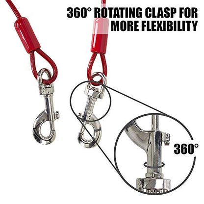 BV Dog Tie Out Cable 30 Feet - Heavy Duty Dog Lead Up to 125 Pounds - Reflective & Rust-Free with Quick Release Swivel Clips & 360° Rotating Clasp - Tangle-Free Dogs Runner for Yard (Red, Single)