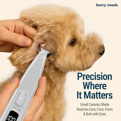 Furry Touch Dog Paw Trimmer - Electric Cordless Pet Clippers for Dogs & Cats - Quiet Dual-Speed Groomer with Pet-Safe Blade for Feet, Ears, Face - USB-C Rechargeable - with Travel Bag, Comb & Brush
