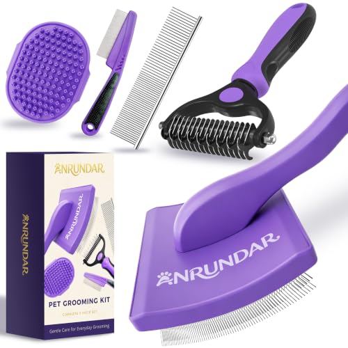 Anrundar 5PCS Dog Grooming Kit with Long Pin Slicker Brush for Dogs, Violet | Includes Undercoat Rake, Bath Brush, Metal Comb & Flea Comb for Goldendoodles, Poodles, Labradoodles and Long-Haired Dogs