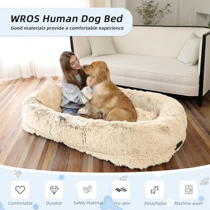 Human Dog Bed, 71''x45''x12'' Size Fits You and Pets, Washable Faux Fur Pet Bed for People Doze Off, Napping Orthopedic Dog Bed, Present Plump Pillow, Blanket, Strap - Beige