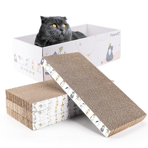 PatiencET Cat Scratch Pad with Box, 4 Pack Cardboard Cat Scratcher Lounge Bed for Indoor Cats, Reversible Corrugated Scratching Board Refill with Catnip
