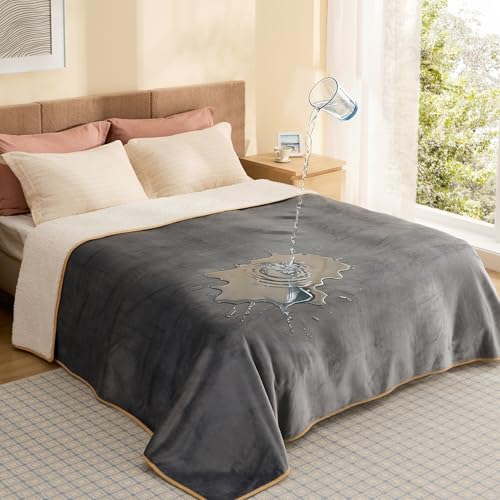 Bedsure Waterproof Blanket for Bed King Size (108"x86") - Soft Sherpa Fleece Plush Reversible，Waterproof Dog Blankets for Large Dogs Pet, Couch Cover Furniture Protector, Grey