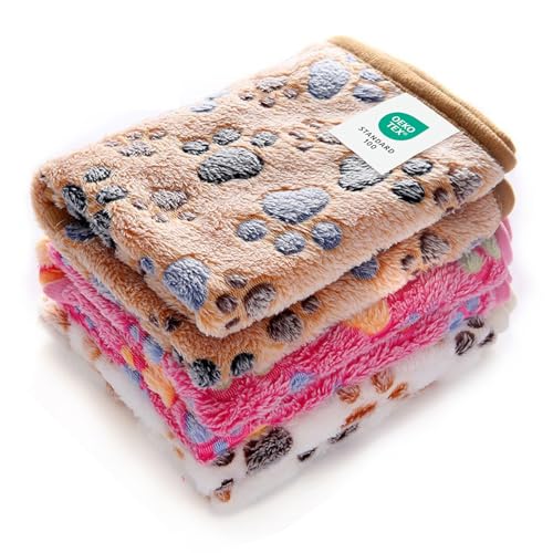 Luciphia 1 Pack 3 Blankets Super Soft Fluffy Premium Fleece Pet Blanket Flannel Throw for Dog Puppy Cat Paw Brown/Pink/White Small(23x16 inch)