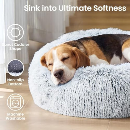 JOLLYVOGUE Small Dog Bed, Calming Dog Beds for Small Dogs & Indoor Cats - 20 Inches Donut Washable Cat Bed for Kittens & Puppies, Round Fluffy Plush Faux Fur Pet Beds(Smoke Grey)