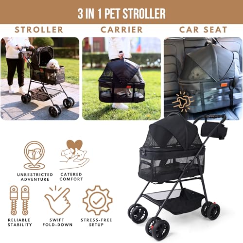 Bicystar Pet Stroller for Small Dogs Cats with Wheels, Detachable Carrier, Max Load 33 lbs, Easy Folding, Compact Portable, Dog Carriage Cart Car Seat 3 in 1