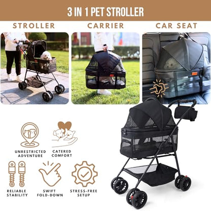 Bicystar Pet Stroller for Small Dogs Cats with Wheels, Detachable Carrier, Max Load 33 lbs, Easy Folding, Compact Portable, Dog Carriage Cart Car Seat 3 in 1