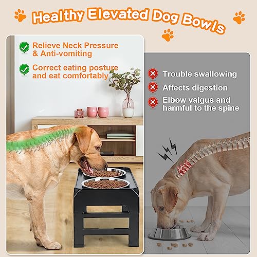 COMESOON Elevated Dog Bowls, 4 Height Adjustable Raised Bowl Stand with 2 Thick 50oz Stainless Steel Food Bowls Non-Slip Feeder Adjusts to 3.7'', 9.2'', 10.75'', 12.36'' Black, (DB-W01)