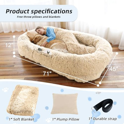 Human Dog Bed, 71''x45''x12'' Size Fits You and Pets, Washable Faux Fur Pet Bed for People Doze Off, Napping Orthopedic Dog Bed, Present Plump Pillow, Blanket, Strap - Beige