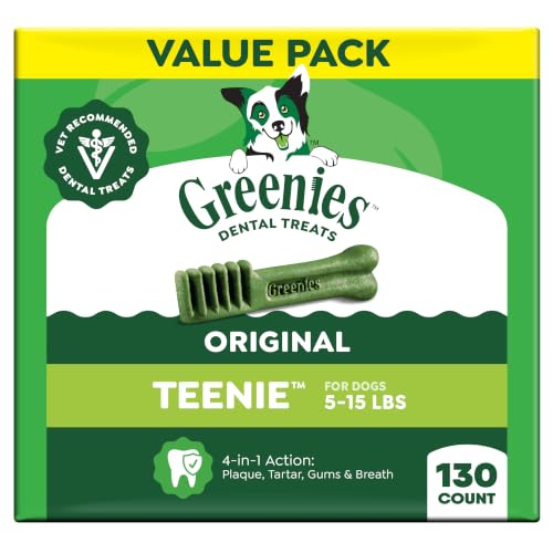 Greenies Teenie Original Natural Dental Dog Treats, Chicken, 130 Count | Veterinarian-recommended, supports oral health & freshens breath, clean to gumline, for dogs 5-15 lbs, chicken flavor