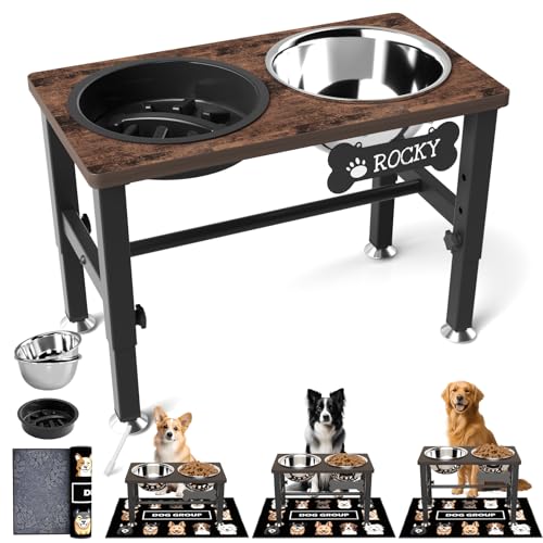 SHAINFUN Elevated Dog Bowls with Slow Feeder & Mat for Medium and Large Dogs, 12" Tall Adjustable Wooden & Metal Raised Dog Bowl Stand, 2 Stainless Steel 58oz Bowls for Food & Water