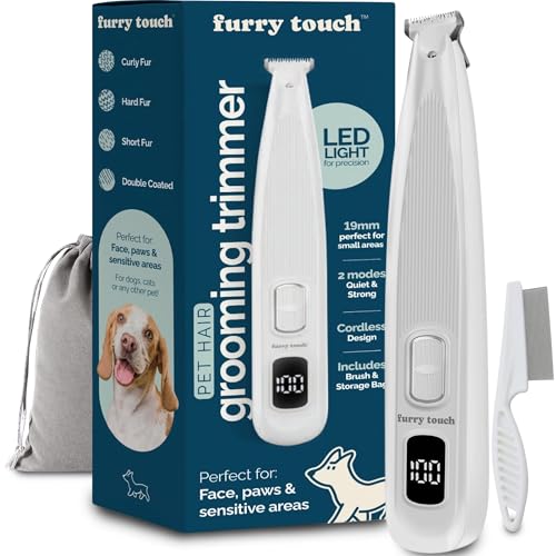 Furry Touch Dog Paw Trimmer - Electric Cordless Pet Clippers for Dogs & Cats - Quiet Dual-Speed Groomer with Pet-Safe Blade for Feet, Ears, Face - USB-C Rechargeable - with Travel Bag, Comb & Brush
