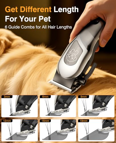 Dog Clippers for Grooming, Dog Grooming Kit, Low Noise, Thick Fur, Gunmetal | IPX7 waterproof rechargeable cordless trimmer, stainless steel blade, 6 guide combs, dual charging via dock or USB cable