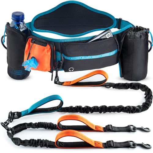SparklyPets Double Bungee Waist 2 Dog Leash with Back Brace – Dual Dog Leash for Medium/Large Breeds – Running Belt Fanny Pack with Phone, Waste, Treat, and Bottle Pockets