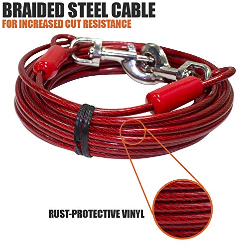 BV Dog Tie Out Cable 30 Feet - Heavy Duty Dog Lead Up to 125 Pounds - Reflective & Rust-Free with Quick Release Swivel Clips & 360° Rotating Clasp - Tangle-Free Dogs Runner for Yard (Red, Single)